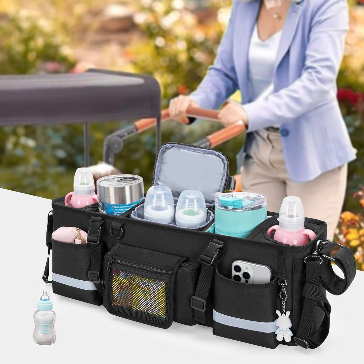 GRAOSO Parent Console Stroller Organizer Compatible with WONDERFOLD W4, with Four Insulated Cup Holders, a Removable Cooler Bag, Special Board Design Make It Not Easy Collapse and Tilting, Black