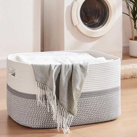 OIAHOMY Large Blanket Basket, 22”x17”x12” Rectangle Woven Baskets, Nursery Blanket Storage Living Room, Toy Storage With Handle, Large Baskets for Organizing-Grey/White