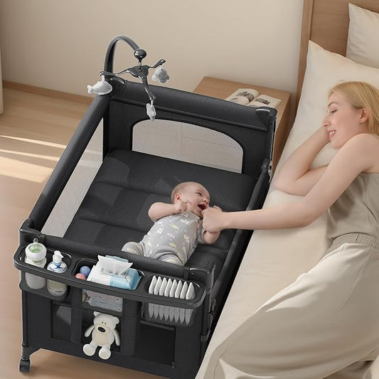 TinyGlow 4 in 1 Baby Bassinet, Pack and Play, Bedside Crib Sleeper, Diaper Changer, Quickly Assembled and Folded Portable Crib with Mattress and Mosquito Net, Easy to Carry