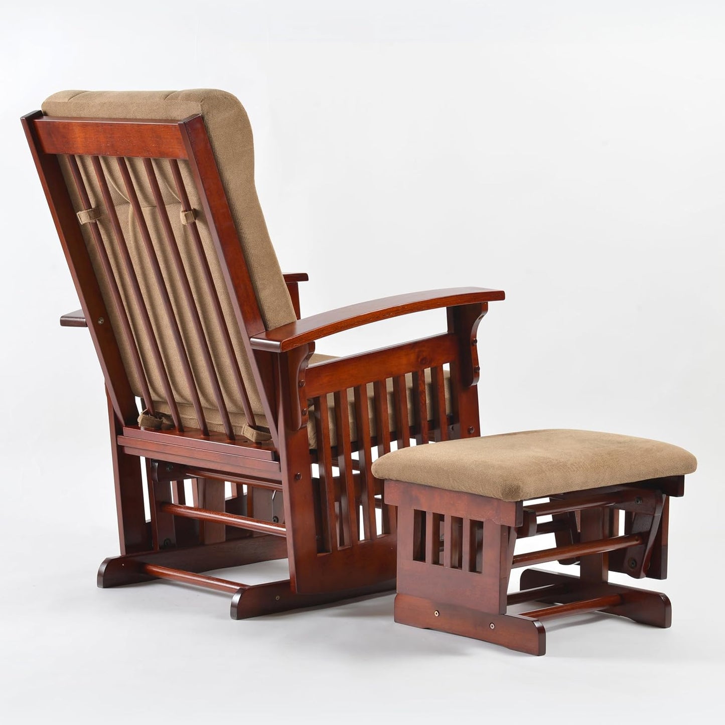 Rustic Rubber Wood Glider and Ottoman Set, Nursery Glider Chair for Breastfeeding and Relaxing, Comfortable Rocking Chair for Living Room and Bedroom(Tan)