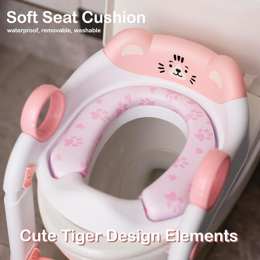 Potty Training Seat, Cute Tiger Design Elements, Foldable Toilet Seat with Soft Cushion, Suitable for Both Boys and Girls, with Splash Guard Anti-Slip Pad Step Stool(Pink)