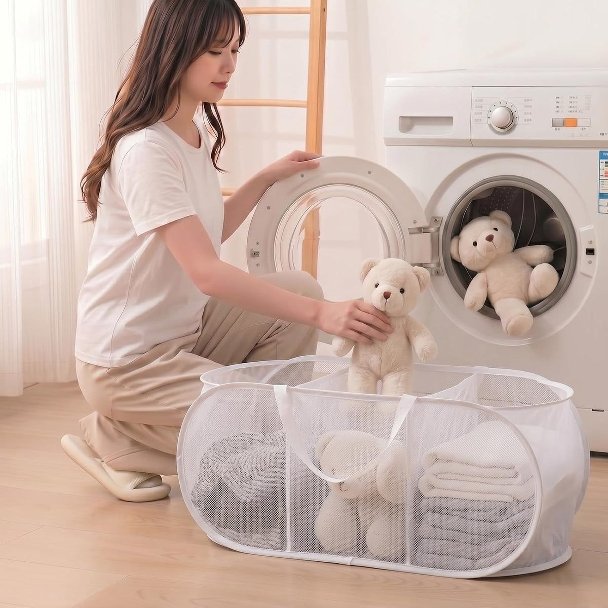 Collapsible Divided Laundry Hamper - Large Capacity Breathable Mesh Laundry Basket with Handles, Home Sorting Storage Bin,Large 31.5"x14"x14"