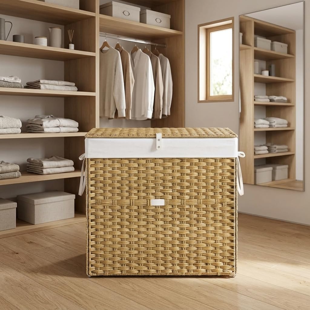 110L Woven Laundry Hamper with Lid and Removable Liner, Large Rattan Clothes Basket with Sturdy Steel Frame for Bedroom, Bathroom, and Dorm