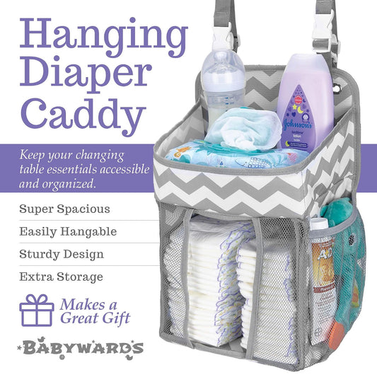 Hanging Diaper Caddy Organizer - Large Nursery Storage for Essential Newborn Baby Items - 2 Compartments, 3 Mesh Pockets - Durable Hooks to Hang on Bassinet, Changing Table, Crib