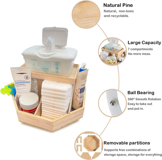 Wooden Diaper Caddy Organizer - 360 Degrees Rotating Caddy with Removable Dividers, Nursery Diaper Organizer