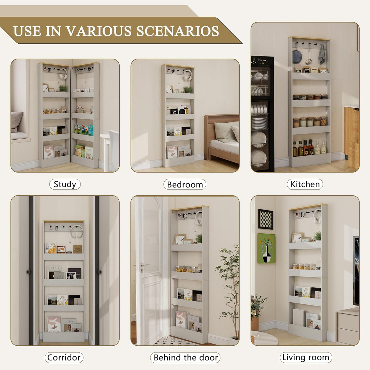 Behind the Door Bookshelf - Ultra Slim Hidden Storage Cabinet for Kids Room | 4-Tier White Wooden Bookcase with Hooks