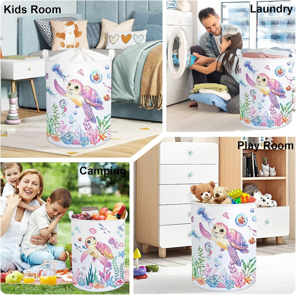 Ocean Animals Baby Laundry Hamper Collapsible Clothes Kids Storage Basket Large Boys Girls Gift Toy Box Bin for Nursery Room, Sea Turtle, 63L