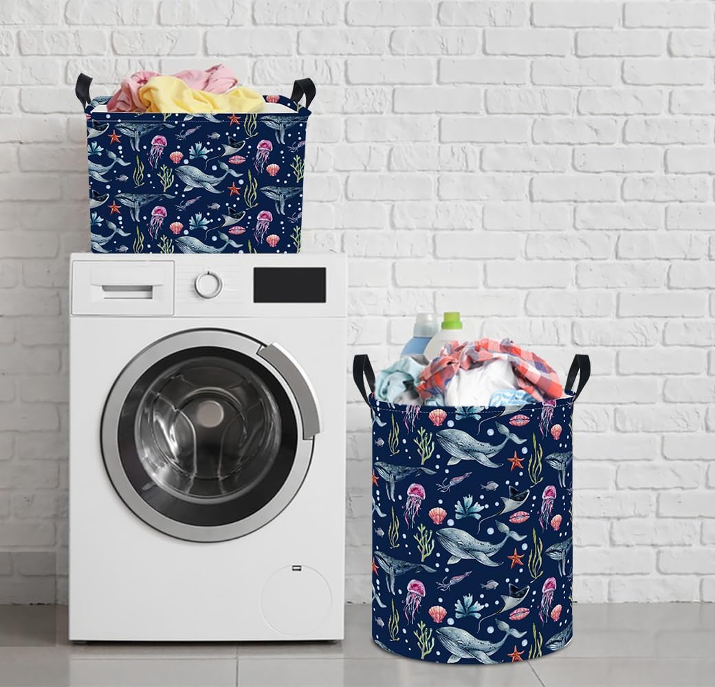 Large Round Canvas Linen Laundry Hamper,Waterproof Storage Bin for Books/Clothes, Laundry Basket, Gift Basket(Eucalyptus leaves)