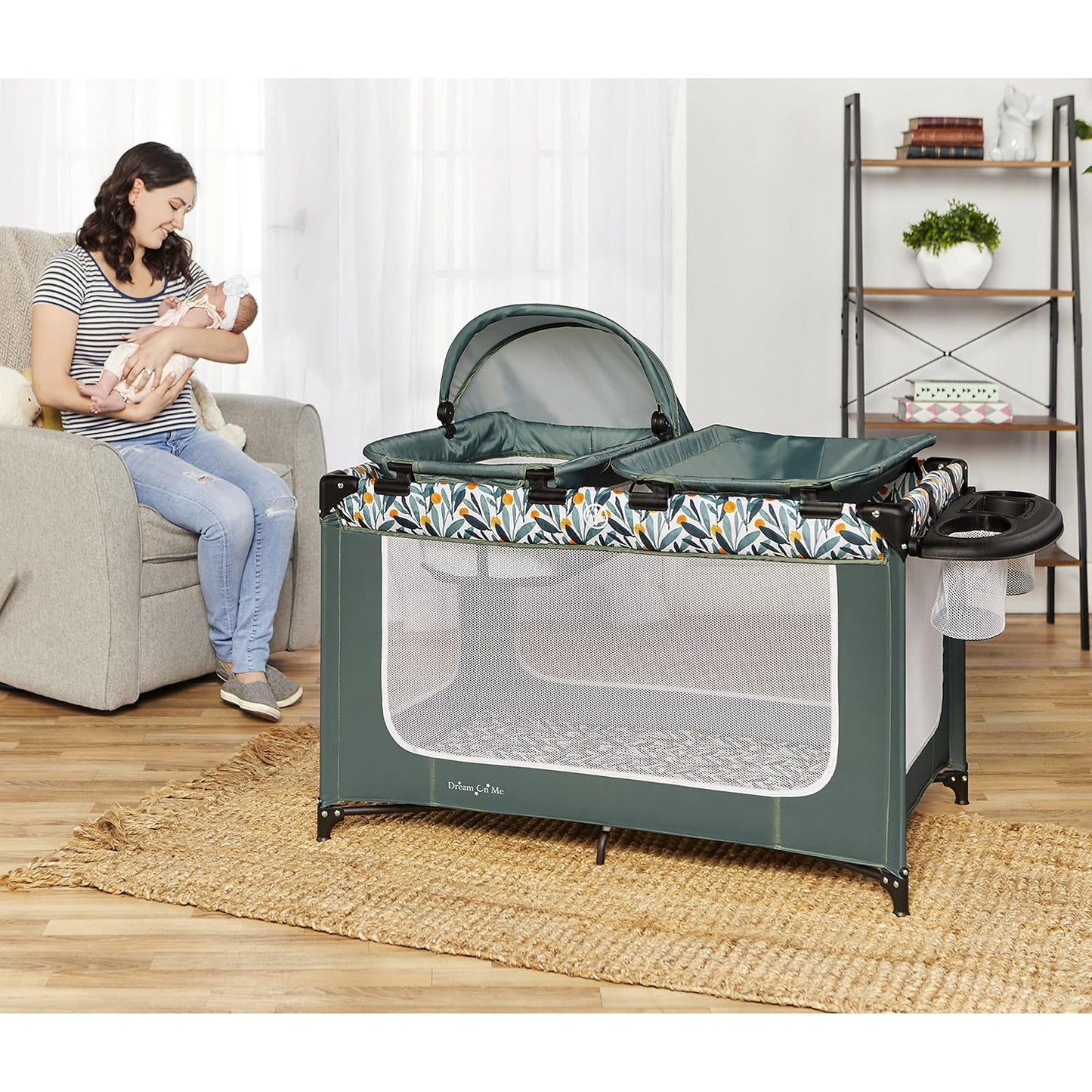 Dream On Me Emily Rose Deluxe Playard in Galaxy Blue with Infant Bassinet and Changing Tray, Lightweight Portable and Convertible Playard for Baby, Breathable Mesh Sides and Soft Fabric