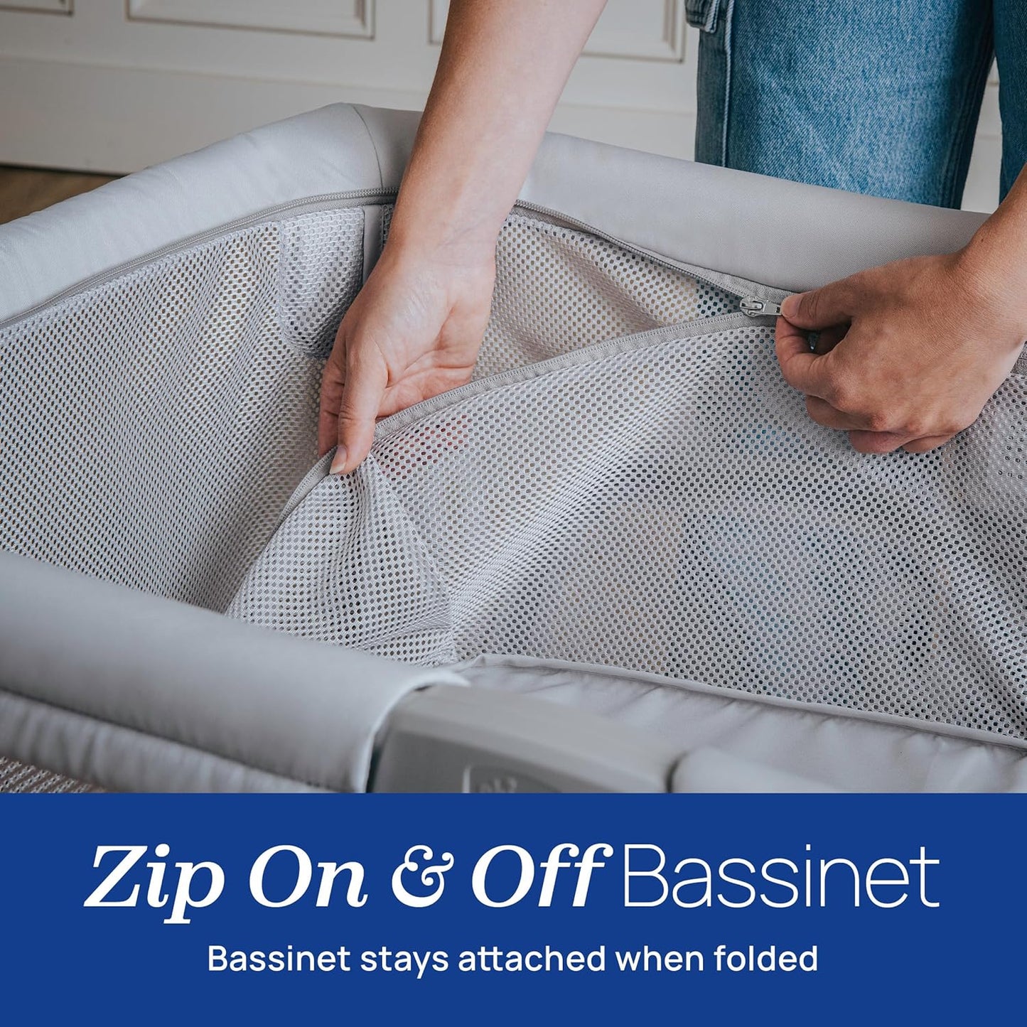 Chicco Alfa Lite Nest Lightweight Travel Playard with Zip-On Bassinet, Portable Baby Crib & Play Yard, Easy Setup, Waterproof Mattress, Includes Carry Bag, Serene/Beige