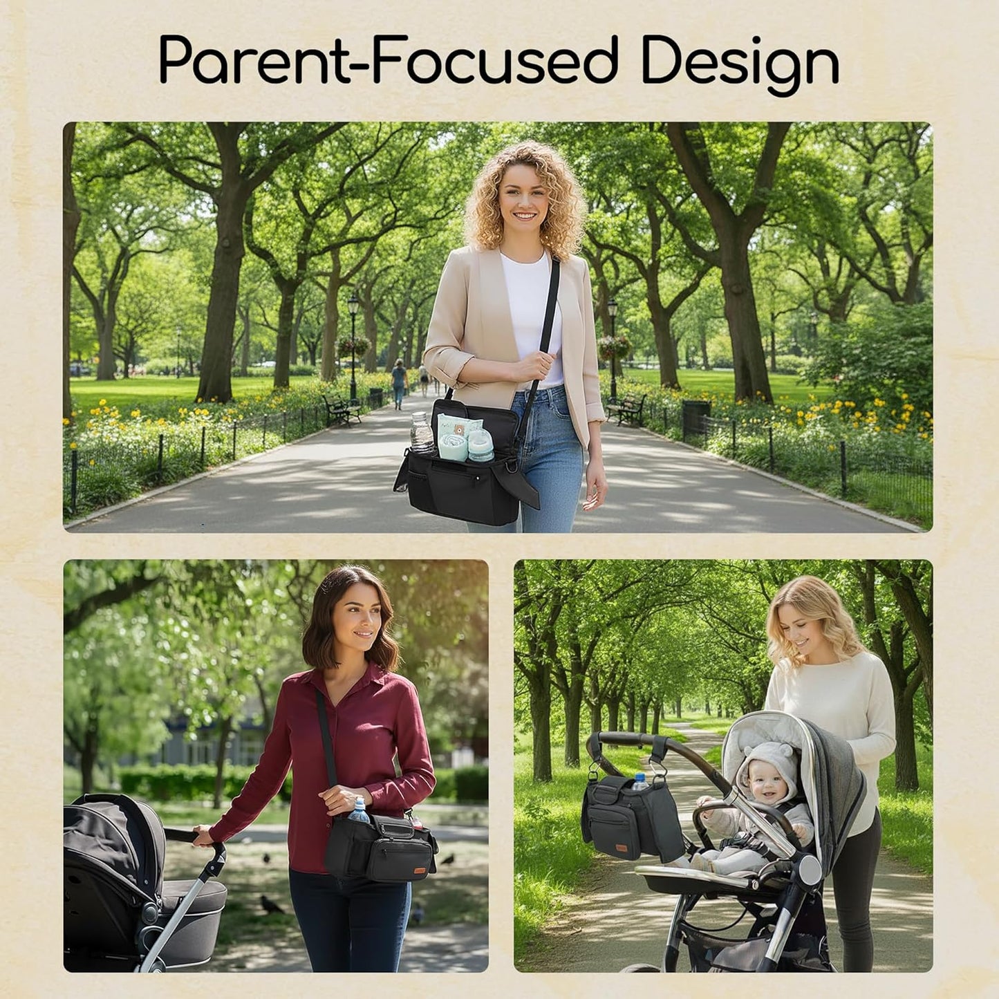 Universal Stroller Organizer Bag with 2 Insulated Cup Holder, Durable Detachable Phone Bag and Shoulder Strap – Fits for Pet Stroller Caddy, Uppababy, Baby Jogger, Britax, Doona, Nuna