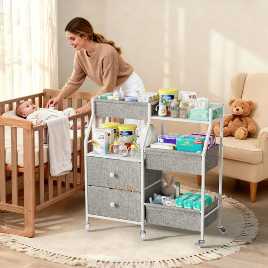 DTK Baby Diaper Caddy Organizer, 3 Tier Rolling Diaper Cart with Dividers and Drawers, Mobile Utility Baby Storage Cart with Wheels, Baby Newborn Essentials for Nursery, Bedroom, Charging Table,Crib