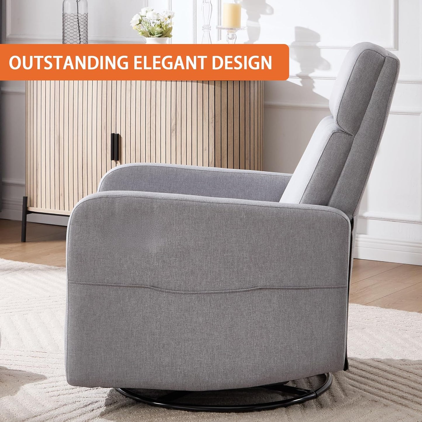 Ketaiyou Swivel Rocking Recliner Chair for Adults, Rocker Nursery Glider Chair for Living Room Bedroom, Upholstered Fabric Reclining Single Sofa Chair(Light Grey)