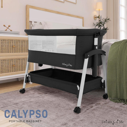 Dream On Me Calypso Portable Bassinet with Wheels, Adjustable Height Bedside Sleeper, Foldable Baby Bassinet with Breathable Mesh Sides, Foam Mattress, Easy Mobility & Travel-Friendly Design - Black