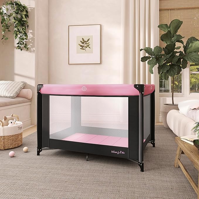 Dream On Me Zazzy Portable Playard with Bassinet - 360° Mesh Visibility, Quick Folding Travel Friendly Design, Carry Bag and Foldable Mattress Pad Included, Compact and Lightweight - Pink