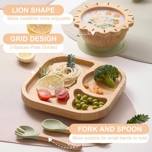 Suction Plates Bowls Set for Baby Toddler Non-Toxic Bamboo Feeding Set with Silicone Fork & Spoon (Green Feeding Set)