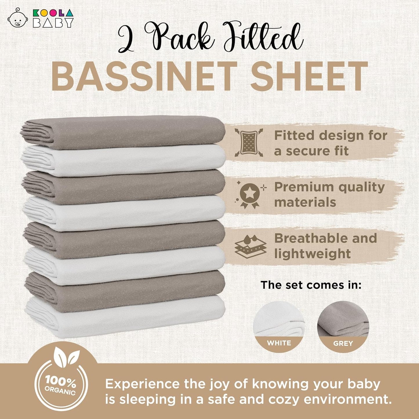 Bassinet Sheet for Bassinet Mattress - 100% Organic Jersey Knit Cotton - Snuggly Soft & Cozy Sheets Fitted for Oval Rectangle & KoolaBaby Bedside Sleeper - White & Grey 2 Pack
