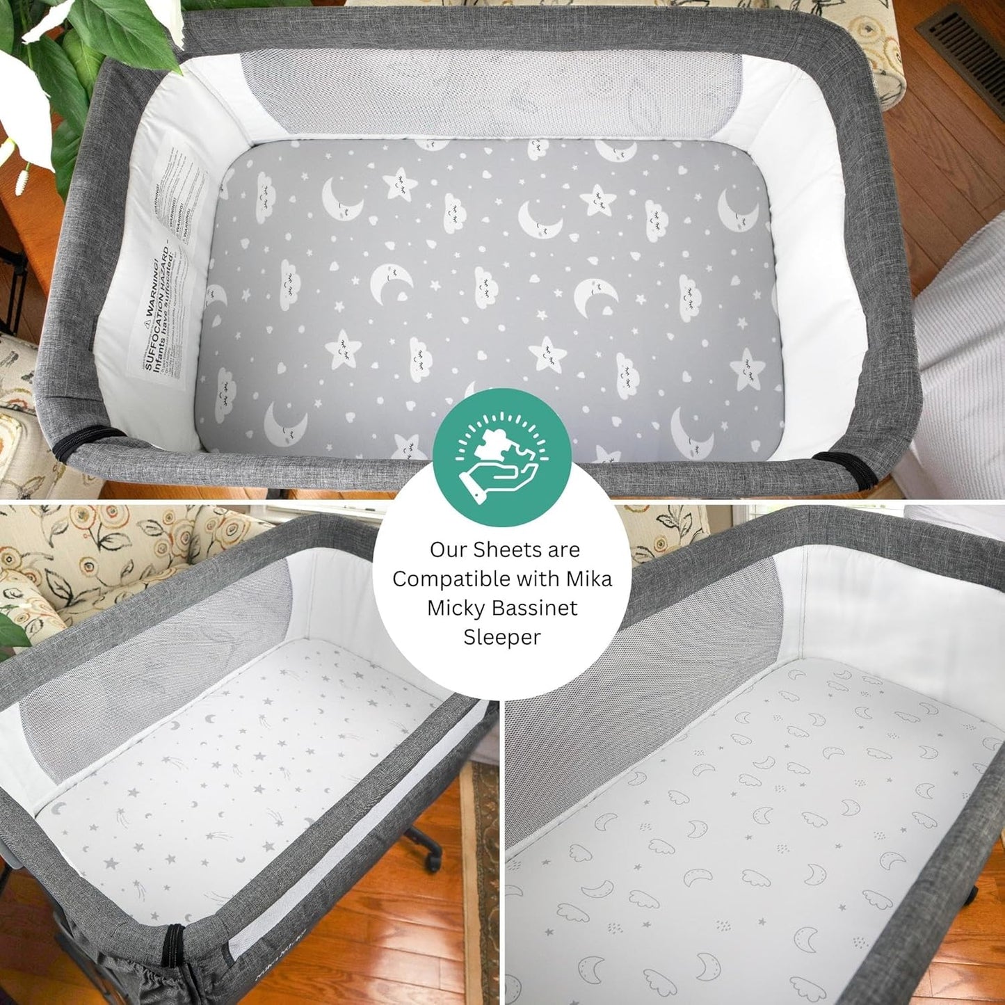 Bassinet Sheets for Papablic, CoZee, Cowiewie, Ezebaby, Nawahev Baby Bassinet Bedside Sleeper by TansyPanda, 3PC, 33x20, Ultra Soft, Breathable Snug Fit, Unisex Boys Girls, Gray White (Space Rockets)
