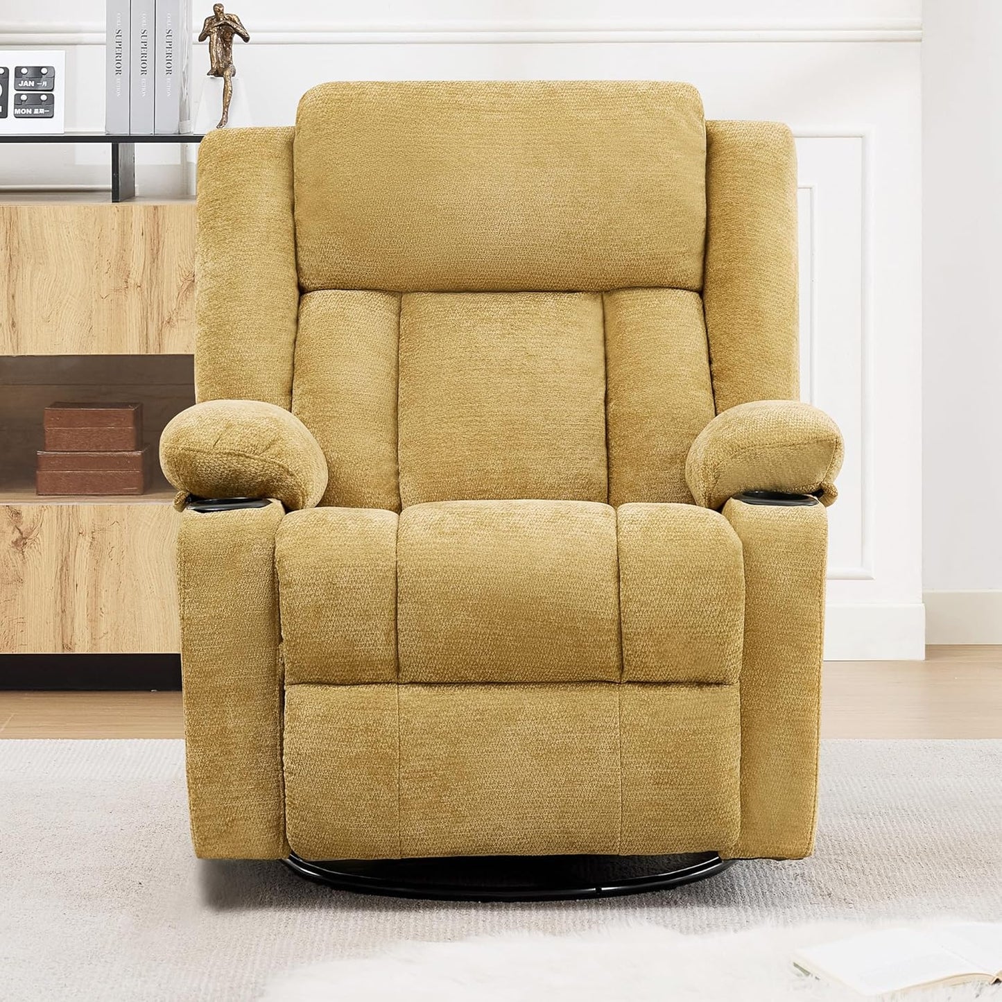 Swivel Rocker Recliner Chair, Lazy Boy Recliner with Cup Holders, 360 Degree Rotating Nursery Rocking Chair, Manual Glider Recliner for Living Room (1, Yellow)