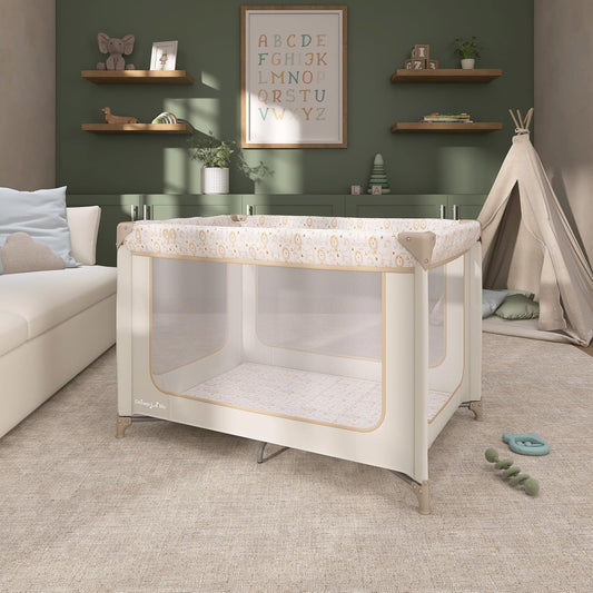 Dream On Me Zodiak Baby Playard, Breathable Mesh Sides, Soft Comfortable Mattress, Quick & Easy to Fold with Travel Carry Bag, Compact Space Saving Design - Grey/Green