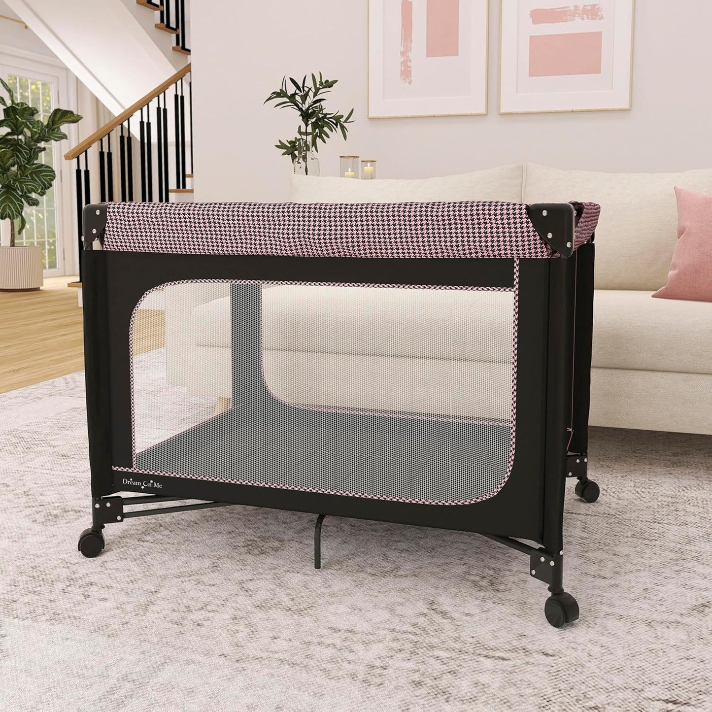 Dream On Me EZGo Portable Playard, Tool-Free Assembly, Easy One-Step Fold, Breathable Mesh Sides, Removable Mattress Pad & Smooth Locking Wheels, Travel Carry Bag Included – Black & White