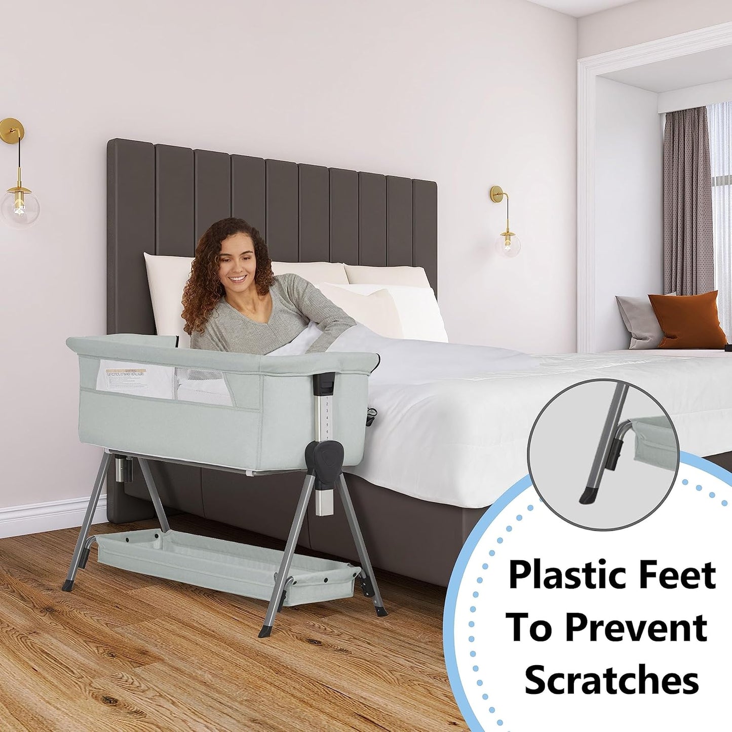 Dream On Me Lilly Bassinet and Bedside Sleeper, Seven Adjustable Height Position, Breathable Mesh Sides, Plush Mattress Pad, Storage Basket, Lightweight, Compact & Easy to Fold - Light Gray
