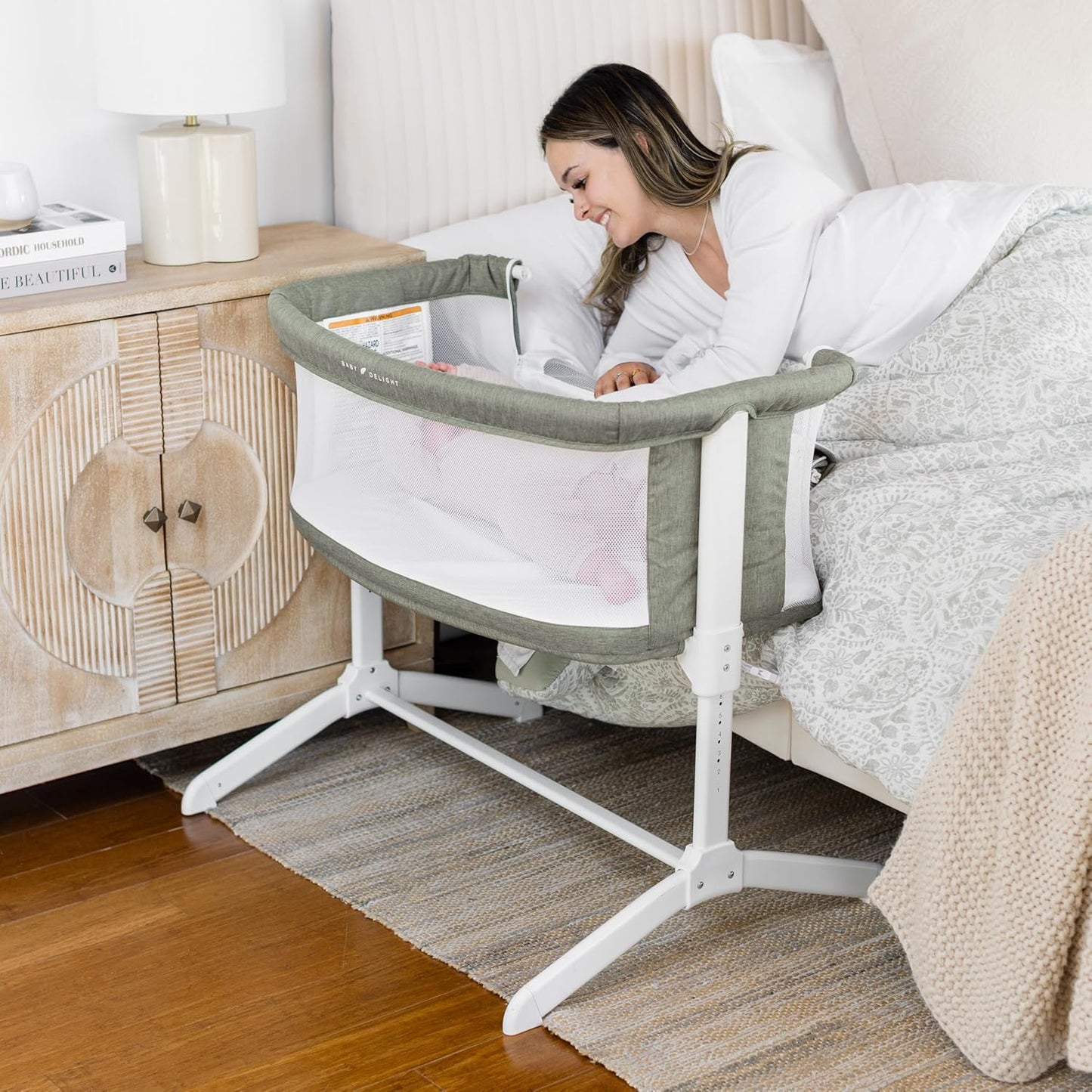 Baby Delight Beside Me Serenity Bassinet | Lightweight Bedside Sleeper & Baby Bassinet | 7-Position Height Adjustment | 100% GOTS Certified Organic Cotton Fabric | Organic Sage