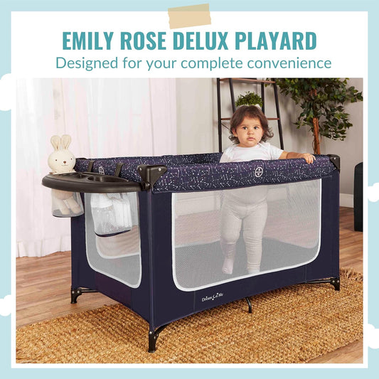 Dream On Me Emily Rose Deluxe Playard in Galaxy Blue with Infant Bassinet and Changing Tray, Lightweight Portable and Convertible Playard for Baby, Breathable Mesh Sides and Soft Fabric