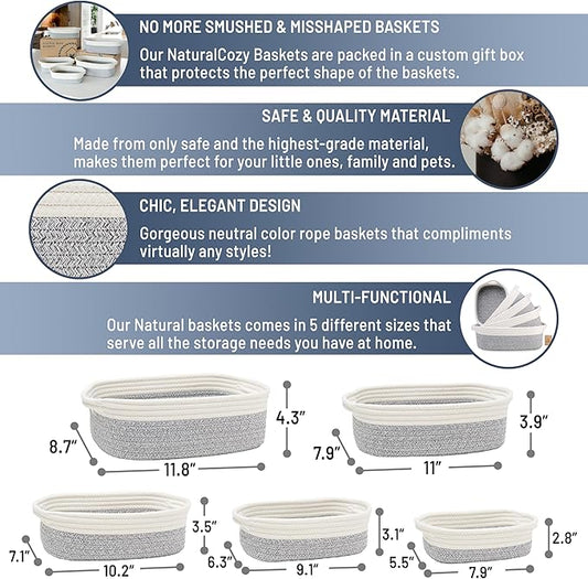 NaturalCozy 5-Piece Rectangle Storage Basket Set- Natural Cotton Rope Woven Baskets for Organizing! Small Basket for Montessori, Baby Nursery, Dog Toy Baskets, Cat Toy Box, Bathroom Organization Bin