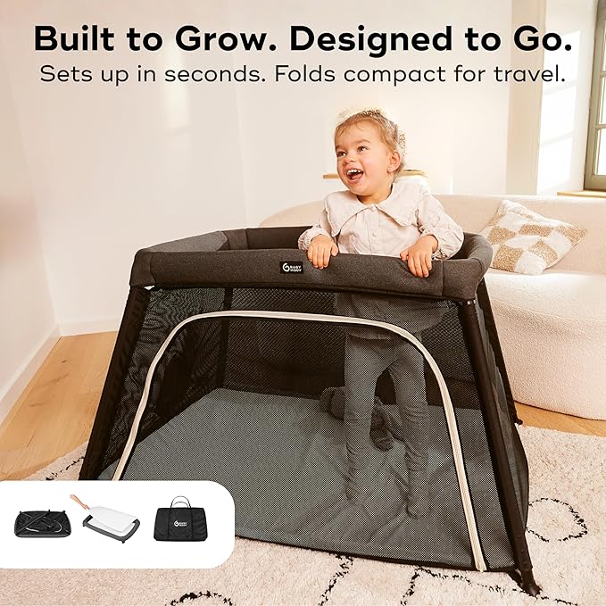 Babymoov Moov & Comfy 3-in-1 Lightweight Travel Crib, Baby Play Yard, and Infant Bassinet, Graphite