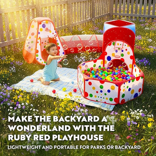 Playz 5-Piece Kids Play Tents Crawl Tunnels and Ball Pit Popup Bounce Playhouse Tent with Basketball Hoop for Indoor and Outdoor Use with Red Carrying Case