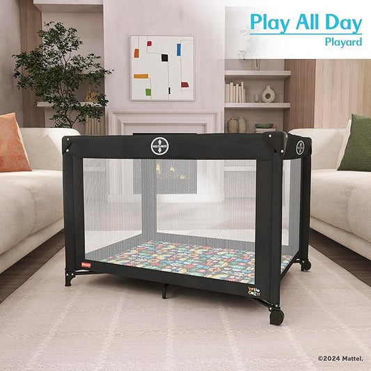 Dream On Me Fisher-Price Play All Day Portable Playard, ASTM Certified, Ideal for Babies & Toddler, One-Hand Fold, Breathable Mesh, Travel Playard with Carry Bag, Easy to Clean - Black