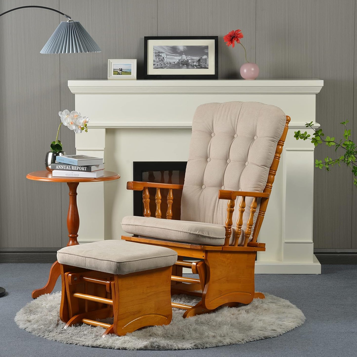 Rustic Glider Chair for Nursery with Ottoman, Resistant Rubber Wood Nursery Glider and Ottoman Sets for Relaxing, Rocking Chair for Living Room Bedroom