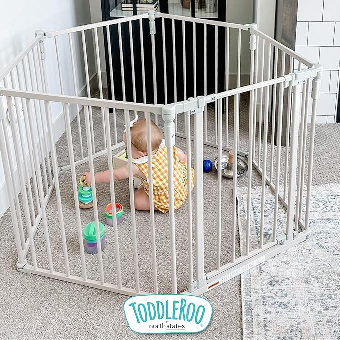 Toddleroo by North States - 3 In 1 Metal Superyard Baby Play Yard: 6 Panel Playpen, Safety Gate, or Extra Wide Baby Fence - Encloses Up to 10 Square Feet - 30 Inches Tall - Taupe