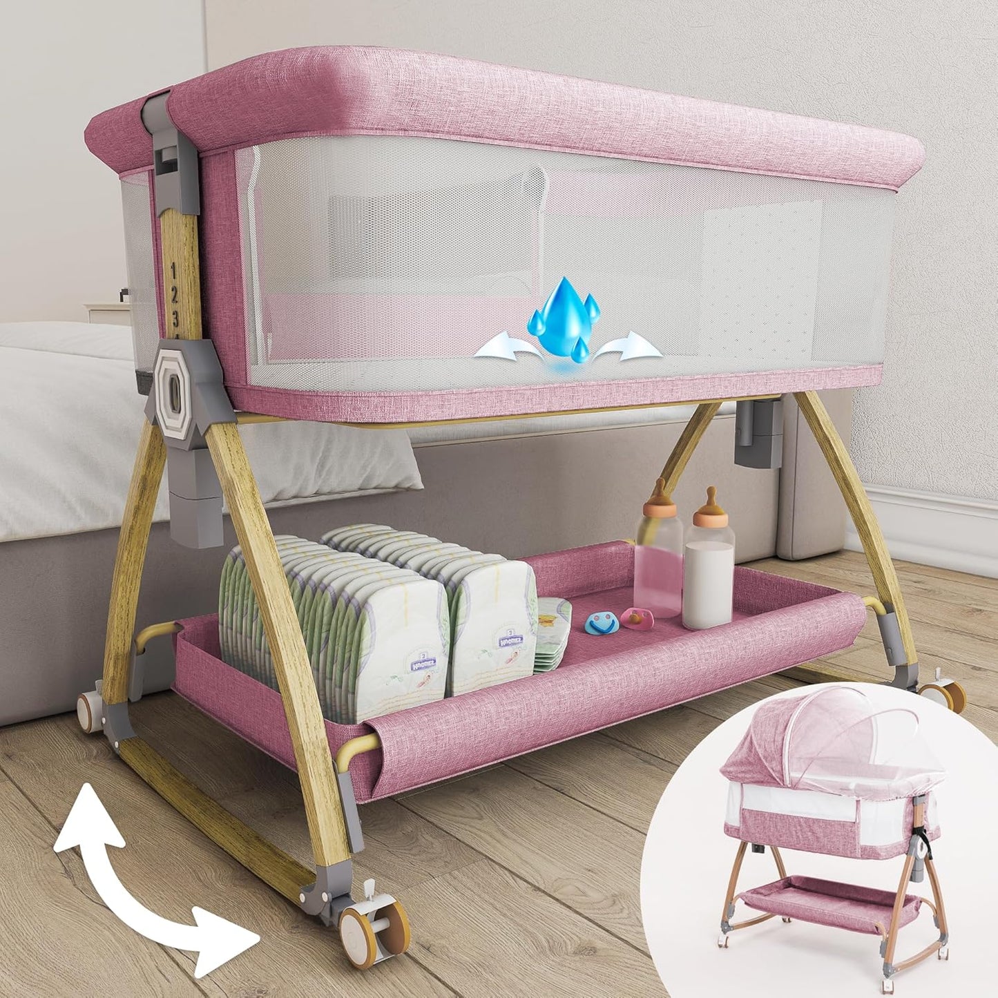 Earth&ME Baby Bassinet Bedside Sleeper with Rocking - All Mesh Portable Bedside Crib for Safe Co-Sleeping, Storage Basket and Wheels, Adjustable Height, Includes Travel Bag, Mosquito Net (Whate, Grey)
