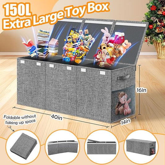 Extra Large Toy Storage Box with Lid Divider, Sturdy Collapsible Toys Organizer Chest Kids Storage Bins Boxes Baskets for Boys, Girls, Nursery, Bedroom, Living Room, Playroom, 40"x14"x16", Gray