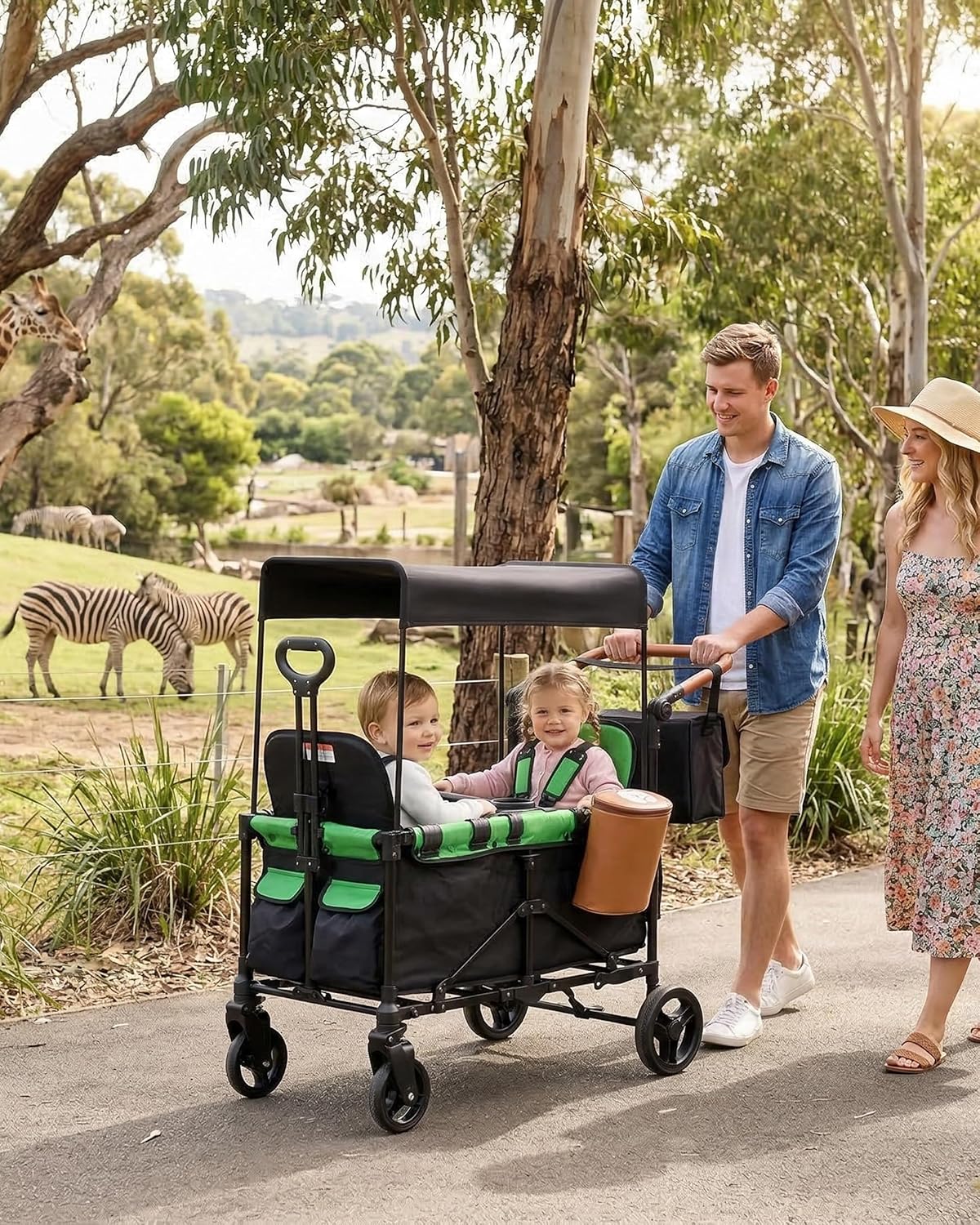 2-in-1 Wagon Stroller for Two Kids – Foldable Push & Pull All‑Terrain Wagon with Canopy, 5‑Point Harnesses, 2-in-1 Storage Bag (Converts to Shoulder Bag), Lightweight, Compact – Black
