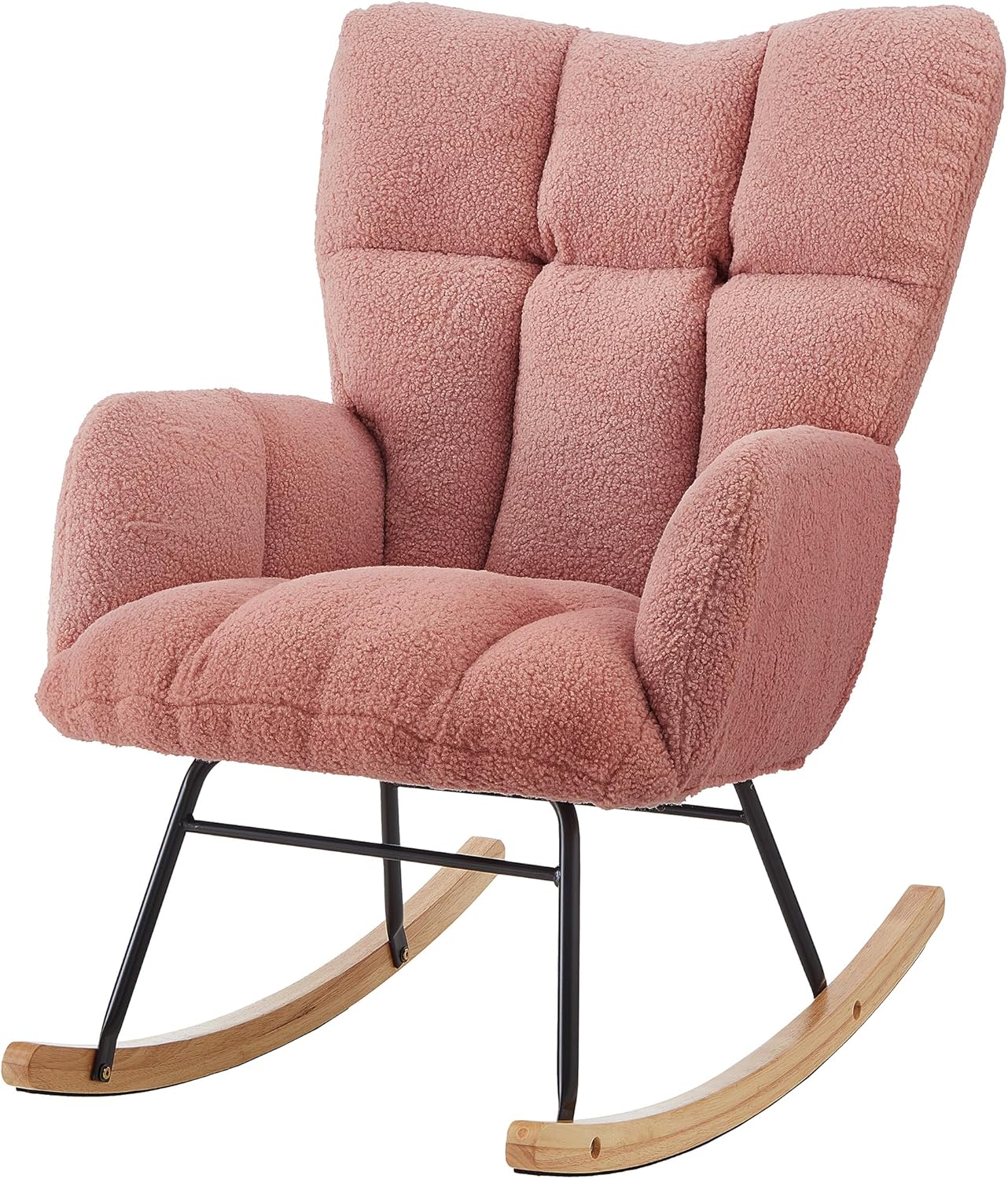 Glider Chair for Living Room & Nursery, Tufted Upholstered Teddy Rocking Chair with High Backrest & Stable Metal Frame, 300lbs Capacity, Comfy Rocker Glider for Adults & Kids, Office & Bedroom(Gray)