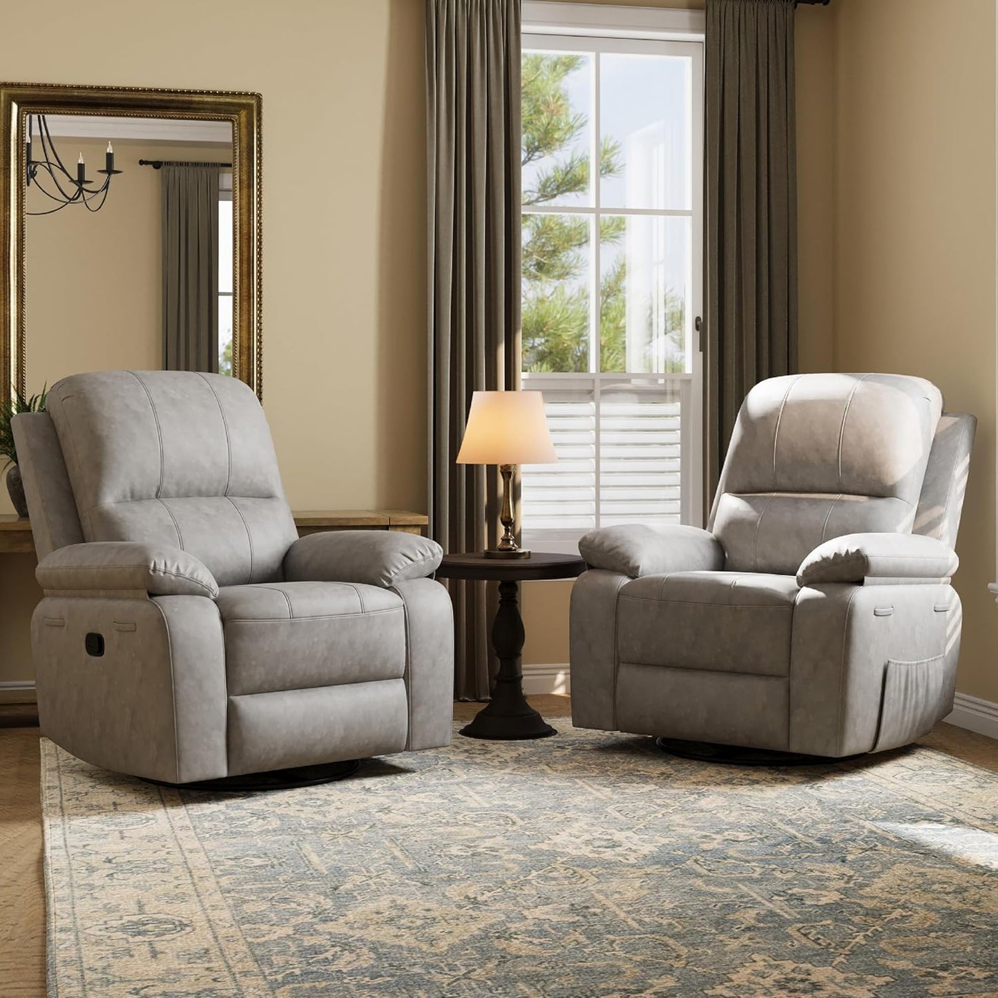 Leather Swivel Rocker Recliner Chair, Traditional Manual Chair, Upholstered Nursery Glider Rocking Recliner, Comfy Faux Leather Single Sofa with Pocket Spring for Living Room, Camel