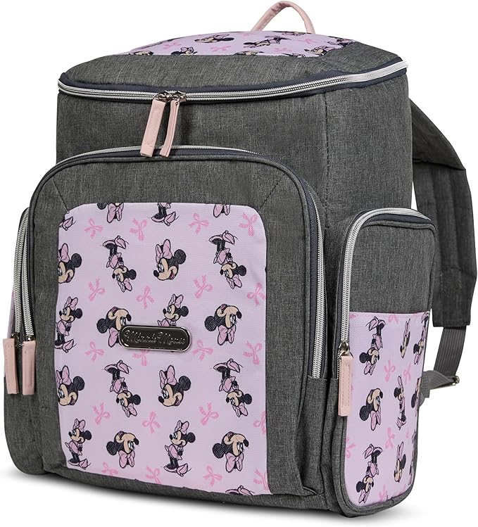 Disney Diaper Bag Backpack with Changing Pad Minnie Mouse – 16” Nylon Baby Bag for Parents, Insulated Bottle Holders, Multiple Storage Pockets