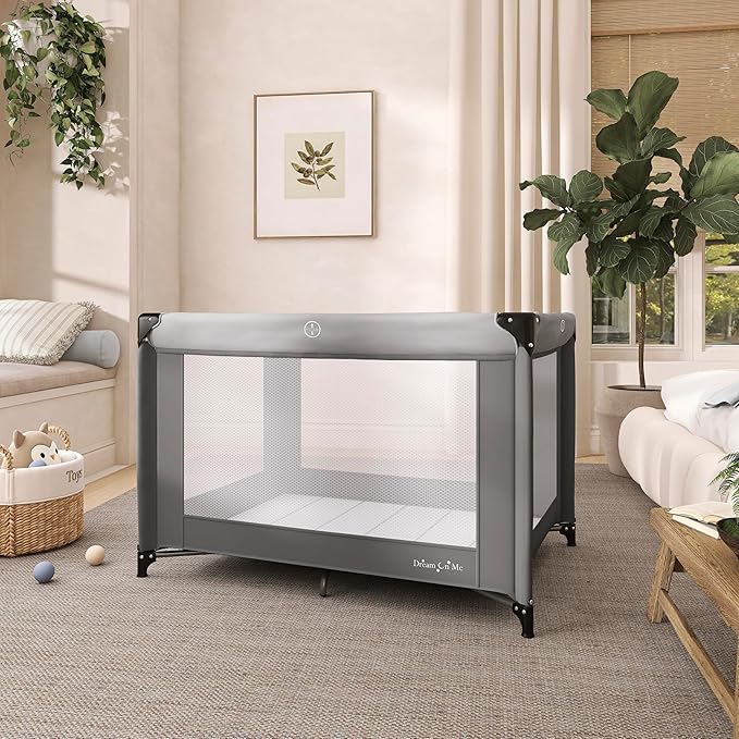 Dream On Me Zazzy Portable Playard with Bassinet - 360° Mesh Visibility, Quick Folding Travel Friendly Design, Carry Bag and Foldable Mattress Pad Included, Compact and Lightweight - Gray