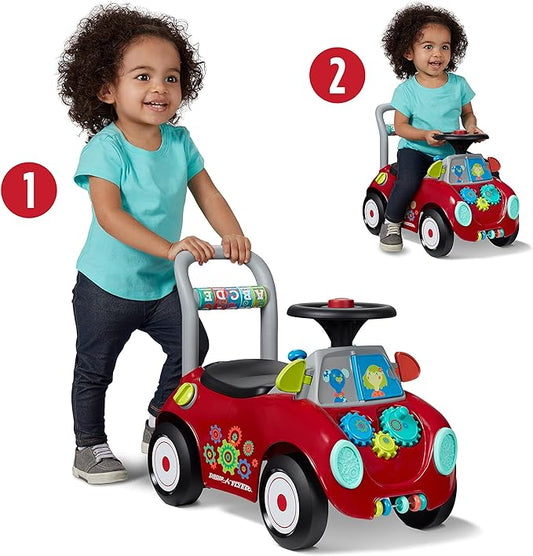 Radio Flyer Busy Buggy, for Toddlers 1-3, 3-in-1 Push Walker Ride On Car with 17 Sensory Activities, Anti-Tip Feature, Under-Seat Storage, Horn and Gears, 42 lb Capacity, Toddler Ride On Toys