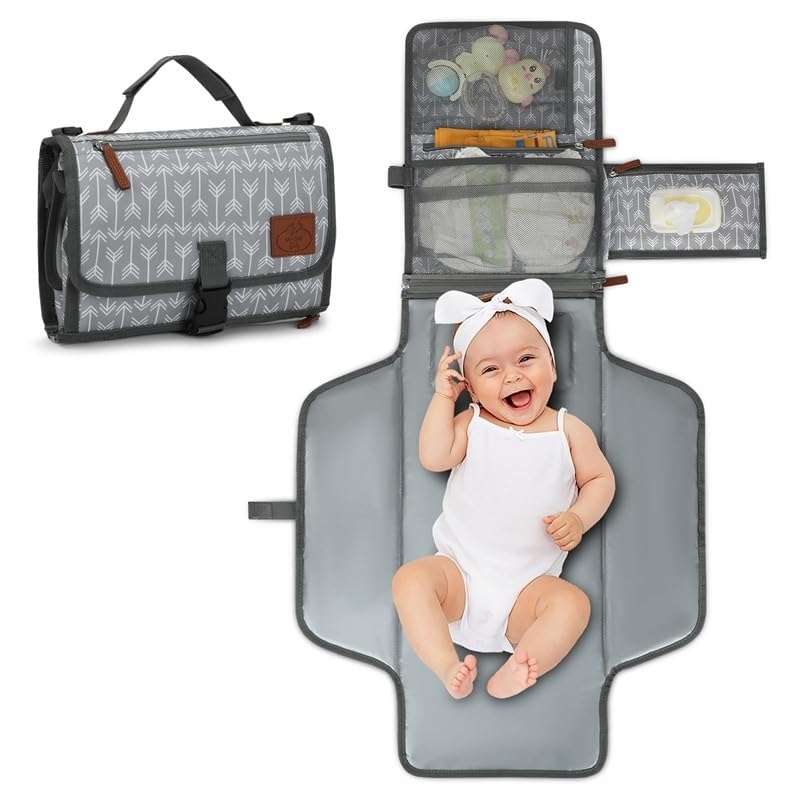 Baby Portable Diaper Changing Pad - Baby Diaper Changer Travel Bag with Wipes Pocket, Smart Design Portable Changing Mat, Infant Travel Station Kit, Gift for Newborn Girl & Boy - Grey, Classic