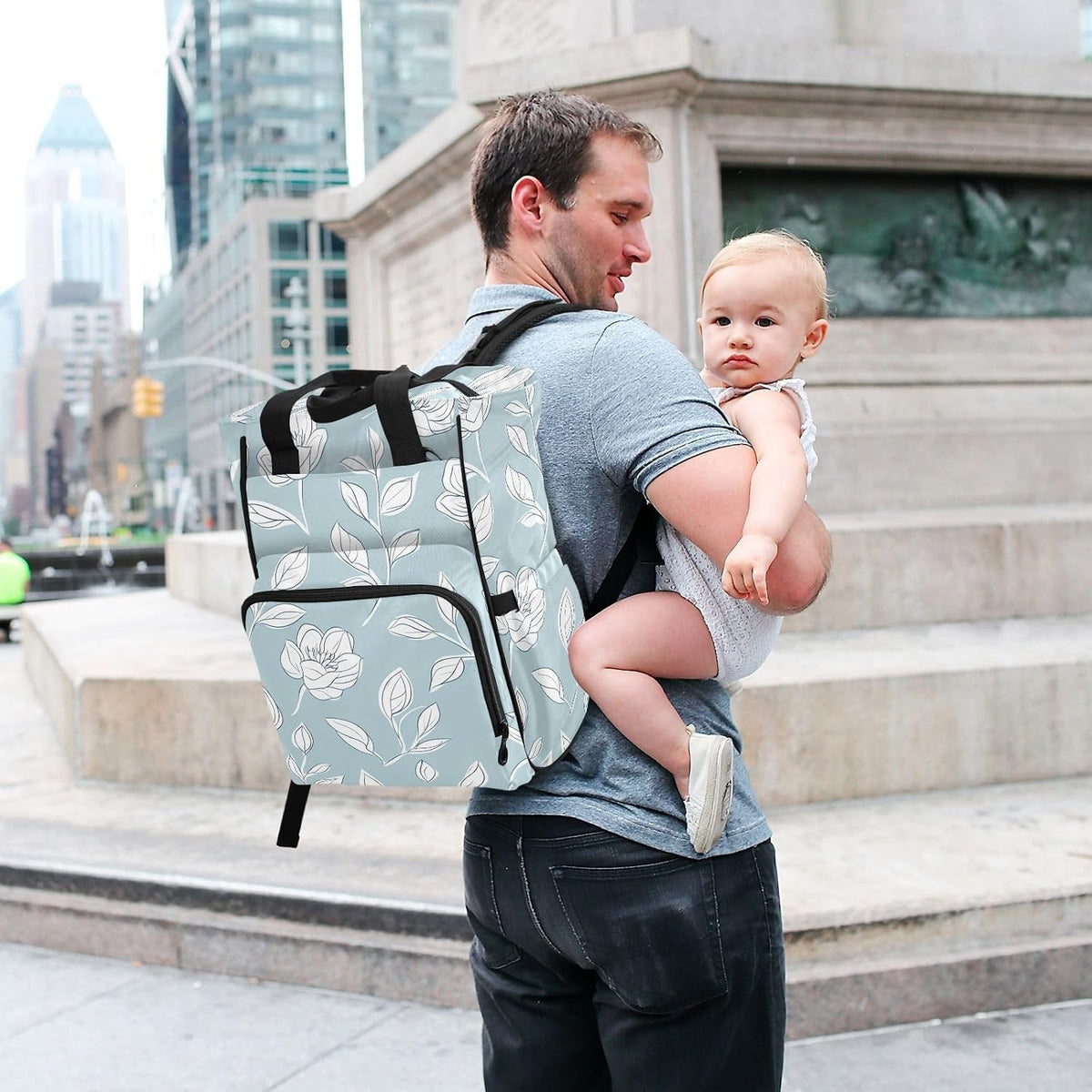 Diaper Bag Backpack, Multifunction Travel Bag for Moms Dads, Baby Changing Bag with Insulted Pockets, Stroller Straps and Side Bottle Pockets Art Line Floral Pattern
