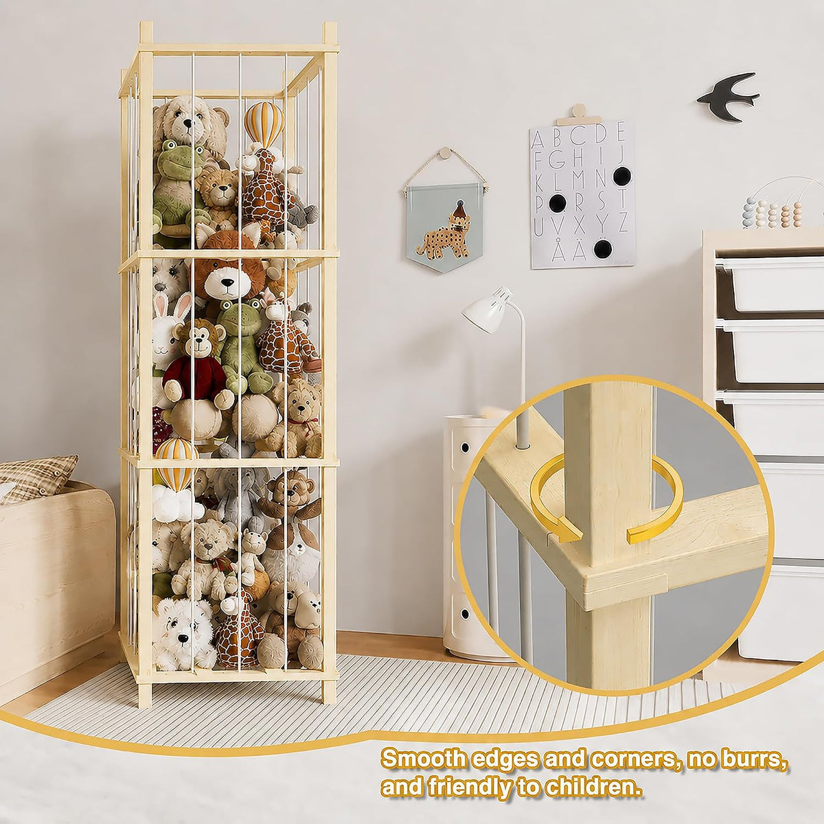 Solid Pine Stuffed Animal Storage, 56" Large Wooden Toy Organizer Tower