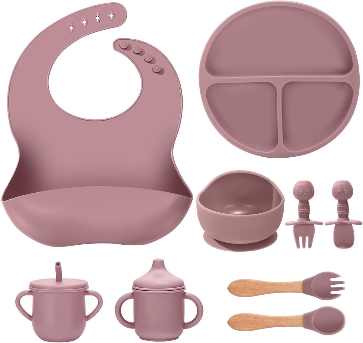 Silicone Baby Feeding Set 9 Pcs, Spill-Proof Suction Plate, Bowl, Bib, Silicone spoon&forks, Wooden Spoons&forks, Training cup with straw and Sippy Cup, Baby Eating Utensils (Brown)