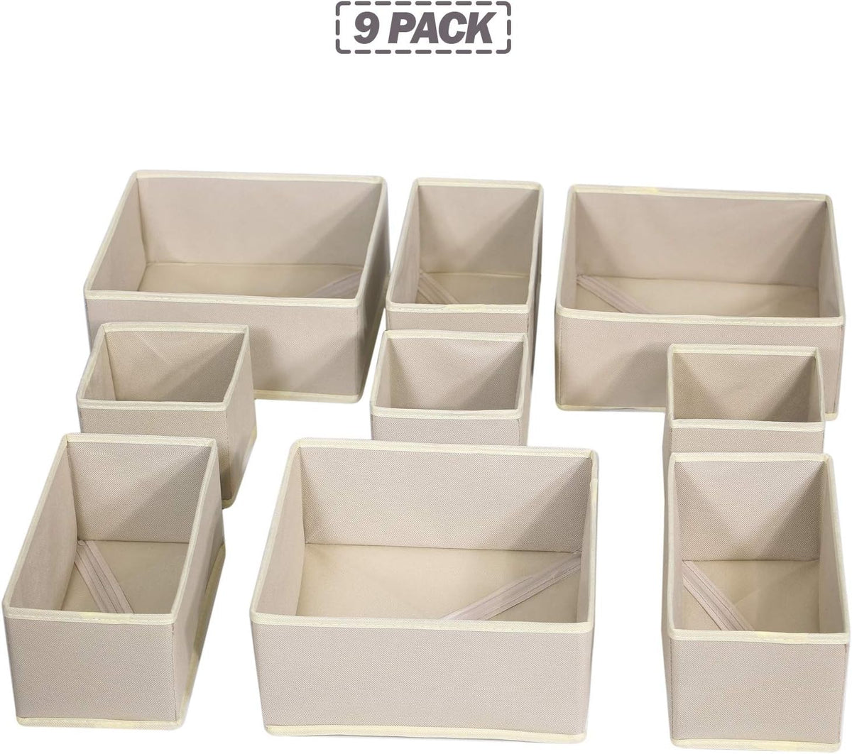 9 Pack Foldable Cloth Storage Box Closet Dresser Drawer Organizer Fabric Baskets Bins Containers Divider for Baby Clothes Underwear Bras Socks Lingerie Clothing,Beige 333