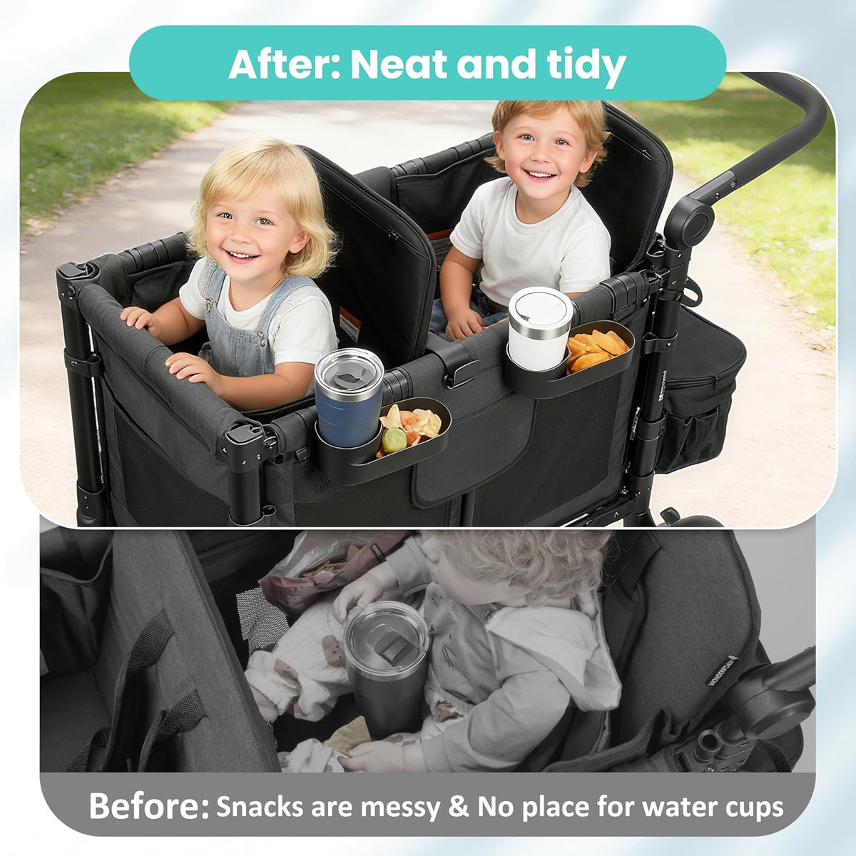 Wonderfold Wagon Snack Tray with Spill-Proof Cup Holders - Compatible with WONDERFOLD W2 & 4 Elite (2 & 4 Seats) | Kid Snacks & Drinks Tray, Detachable, Easy Install, Dishwasher Safe