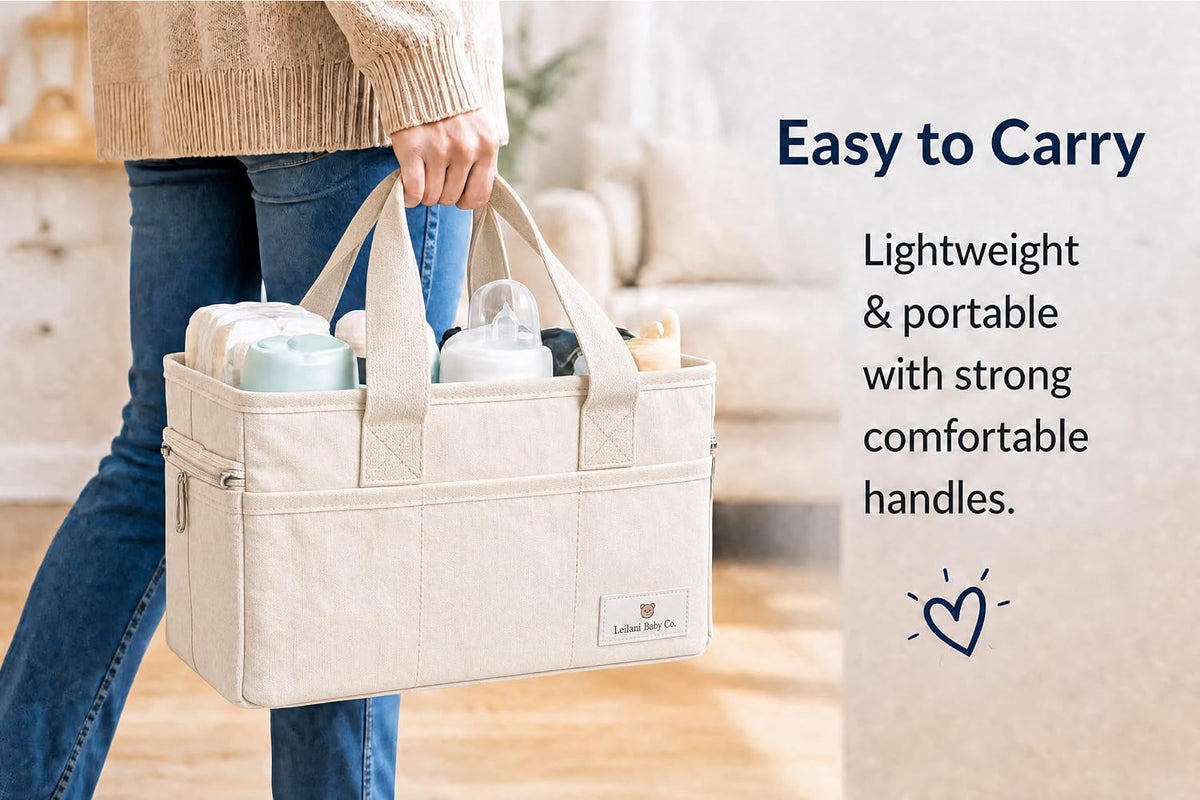 Leilani Baby Diaper Caddy Organizer, Large Portable Nursery Storage Bin with Removable Dividers, Beige