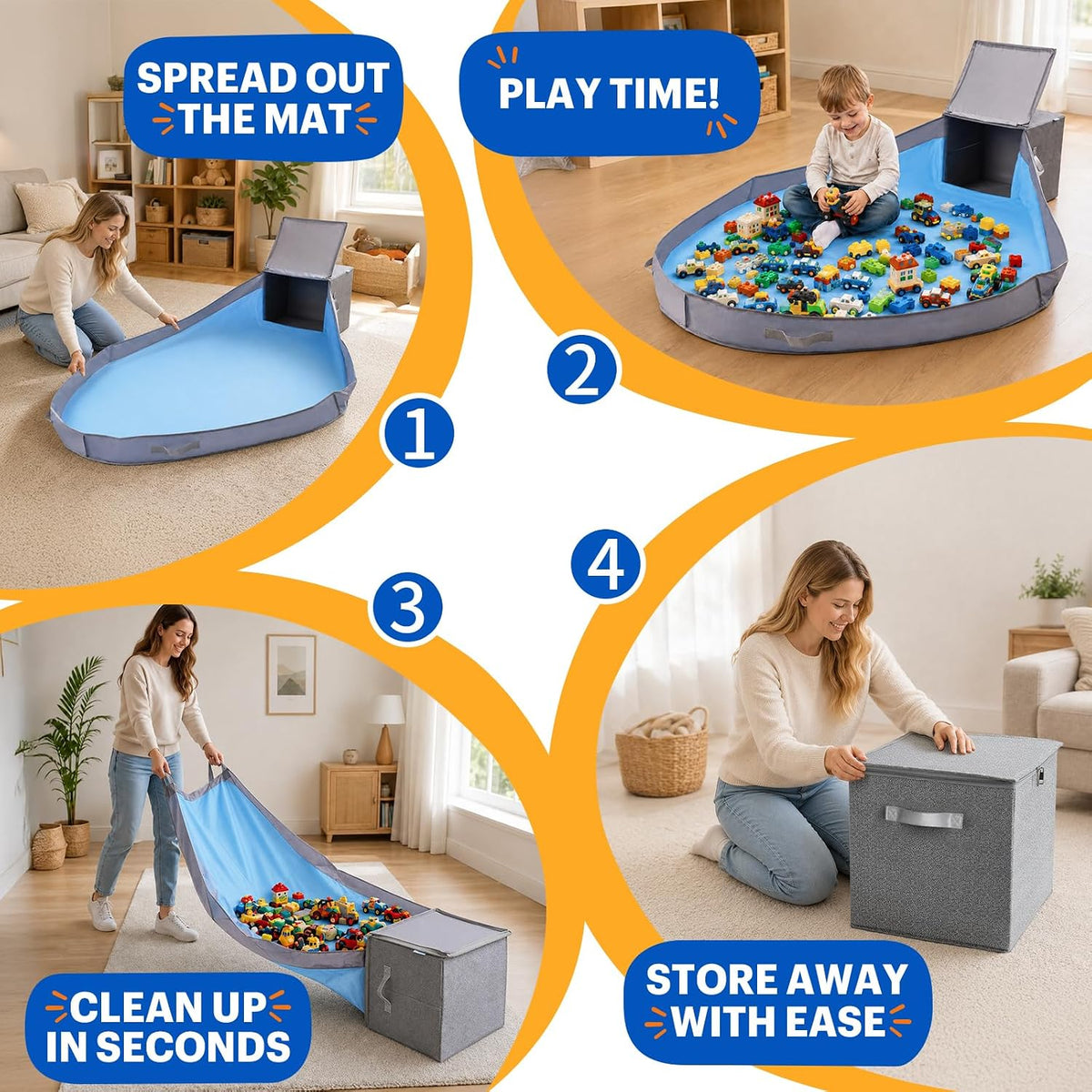 XXL Toy Storage Organizer with Play Mat – 15" x 15" x 16" Storage Bin for Kids Playroom, Foldable Fabric Bag and Basket for Nursery (Gray)